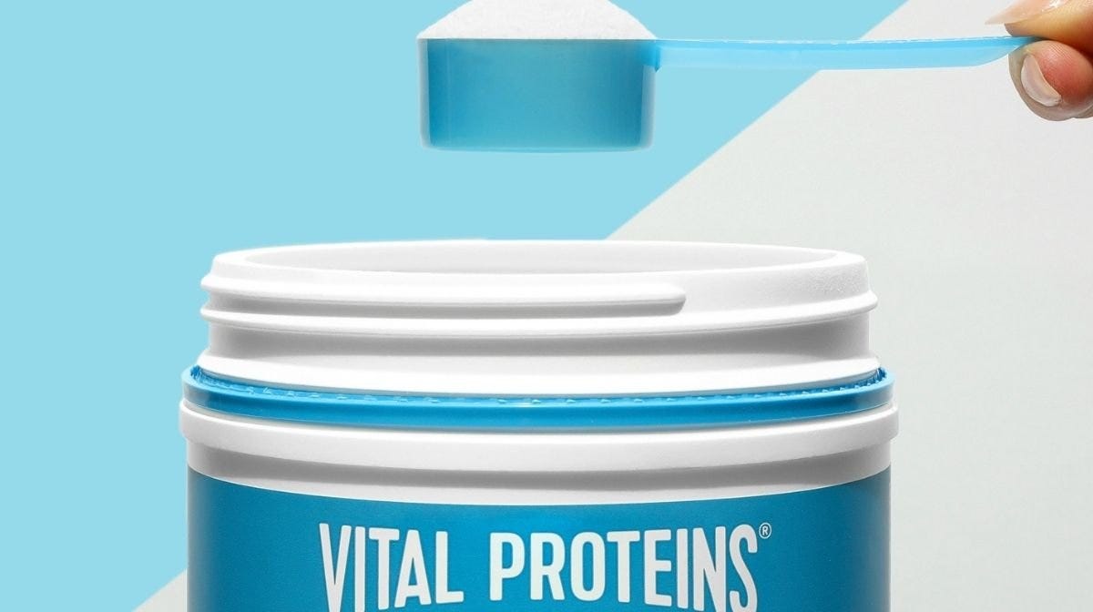 Collagen powder in a spoon, emphasizing its fine consistency and potential health benefits