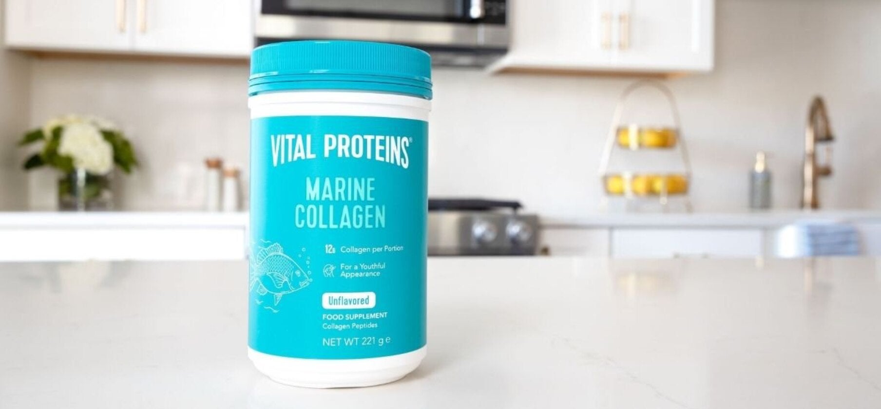 Vital Proteins marine collagen package displayed on a kitchen countertop